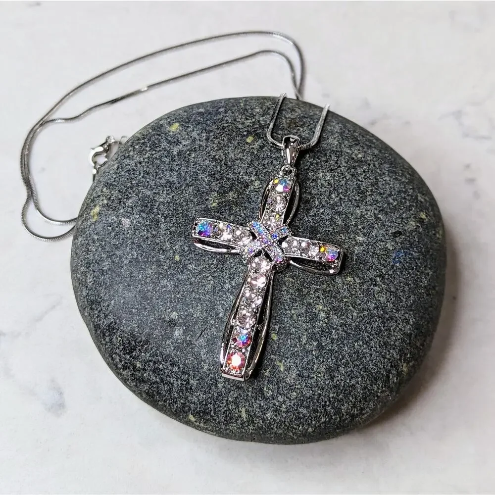 White Gold Plated Crystal Cross Necklace NEW Religious Spiritual Gift